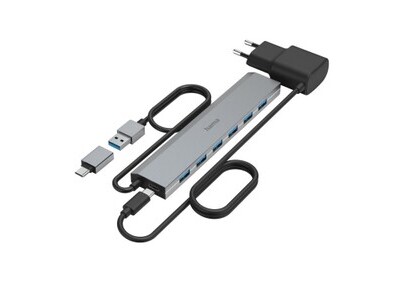 USB-Hub Hama 7 Ports, USB 3.2 Gen1 5 Gbit/s, inkl. USB-C-Adapter und Netzt.