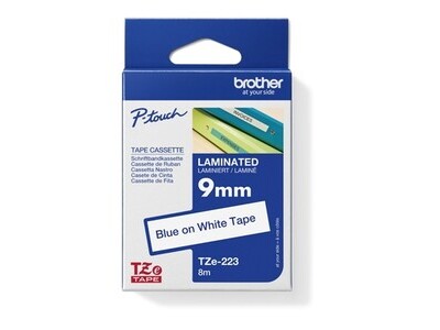 Schriftband Brother TZE223 weiß/blau Breite 9mm, Länge 8m