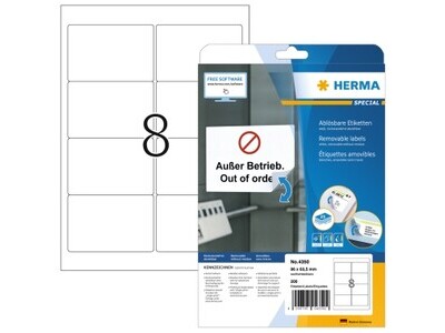 Etikett Herma 4350 96,0x63,5mm weiß INKJET-, LASER- U. KOPIER, ABLÖSBAR