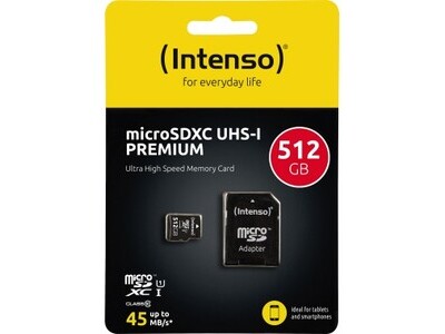 microSDXC Card INTENSO 512GB 3423493 SD-Adapter (R) 45MB/s (W) 10MB/s